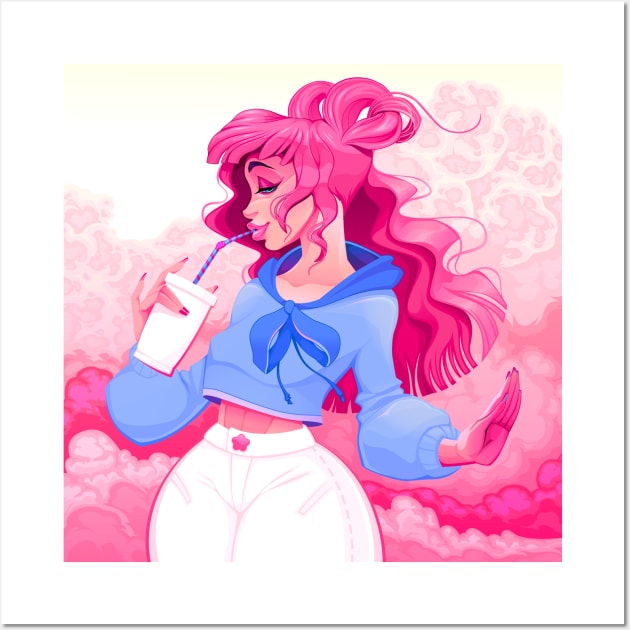 Beautiful girl is drinking by a straw in a pink atmosphere Wall Art by ddraw